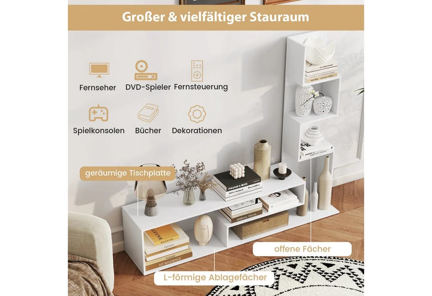 COSTWAY TV-Schrank mit L-förmigen Ablagen Rustikal Braun/Weiß - Bild 3