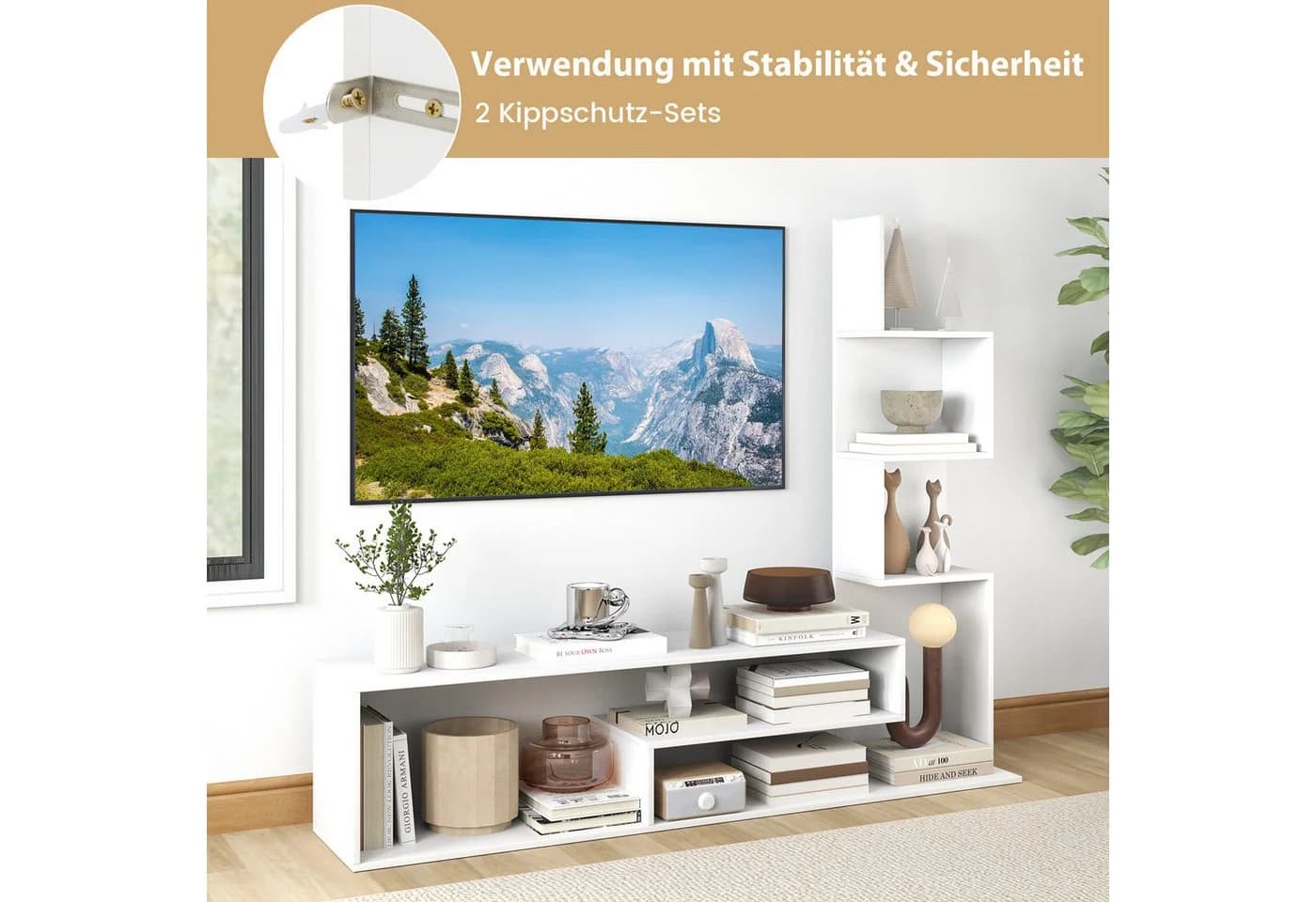 COSTWAY TV-Schrank mit L-förmigen Ablagen Rustikal Braun/Weiß - Bild 5