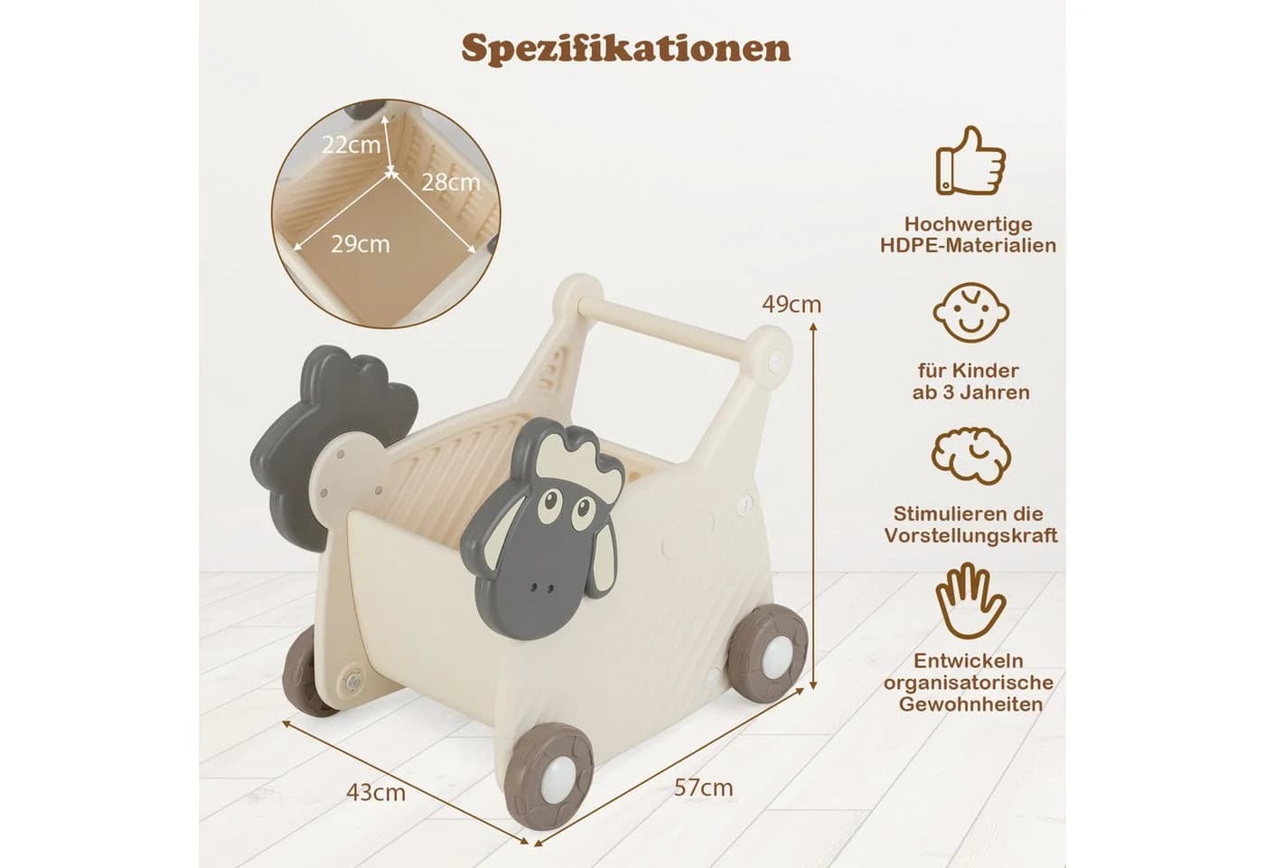 COSTWAY Lauflernwagen 18L Beige/Grau HDPE - Bild 3