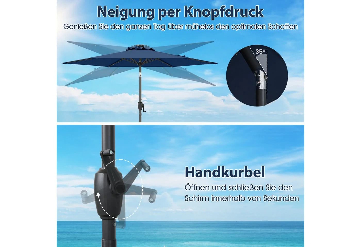 COSTWAY Sonnenschirm mit LED-Solar-Beleuchtung & Kurbel - Bild 4