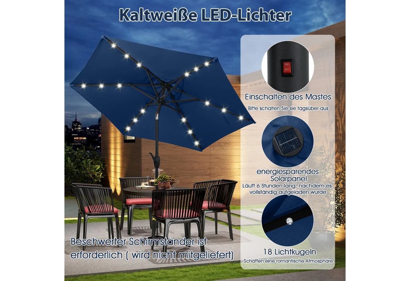 COSTWAY Sonnenschirm mit LED-Solar-Beleuchtung & Kurbel - Bild 5