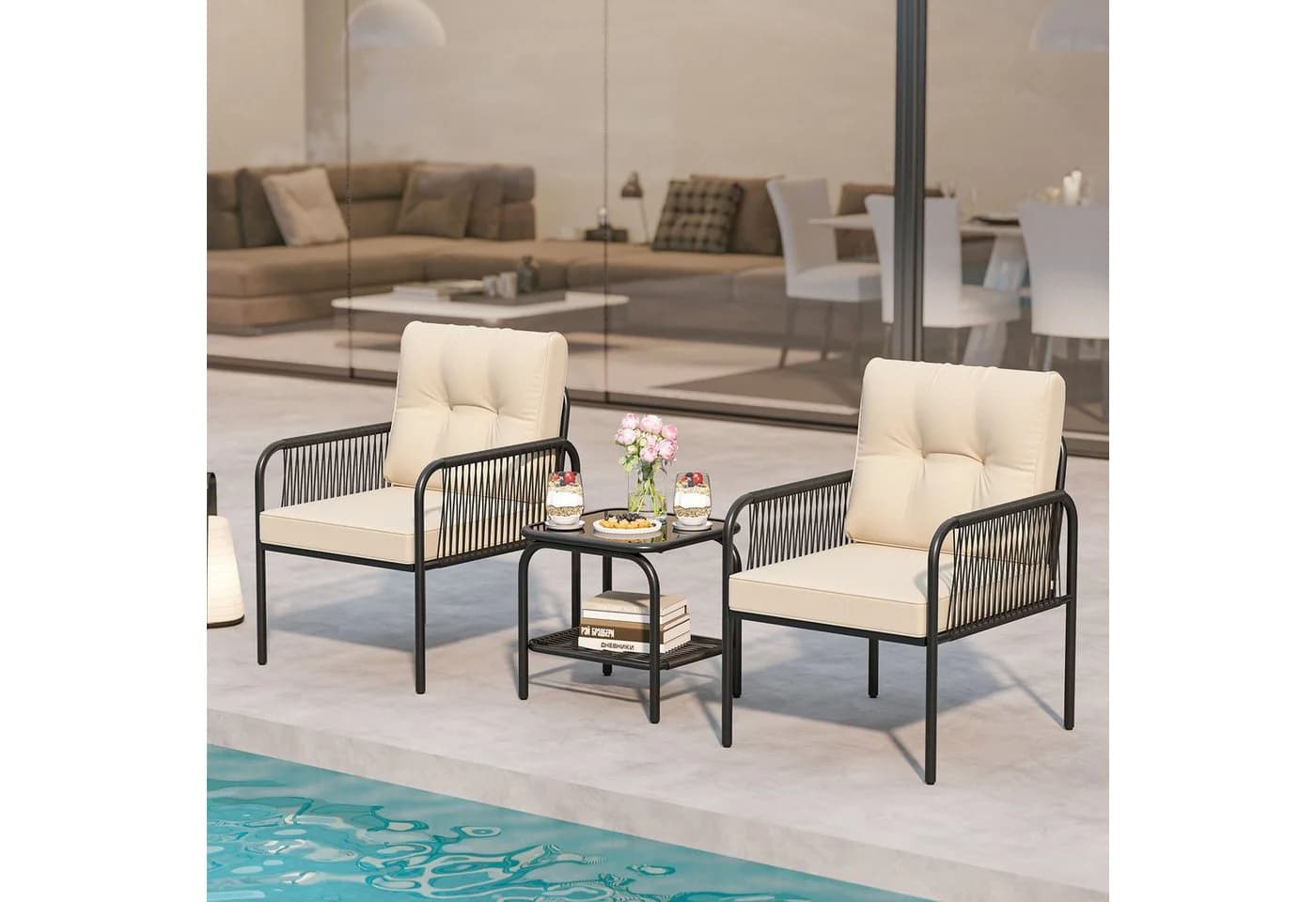 COSTWAY Balkonset 3-tlg. 1 Tisch, 2 Stühle Beige PE-Rattan - Bild 3