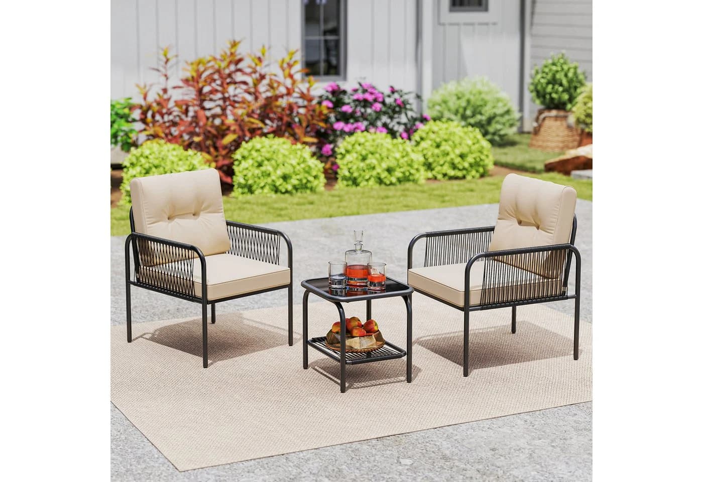 COSTWAY Balkonset 3-tlg. 1 Tisch, 2 Stühle Beige PE-Rattan - Bild 4