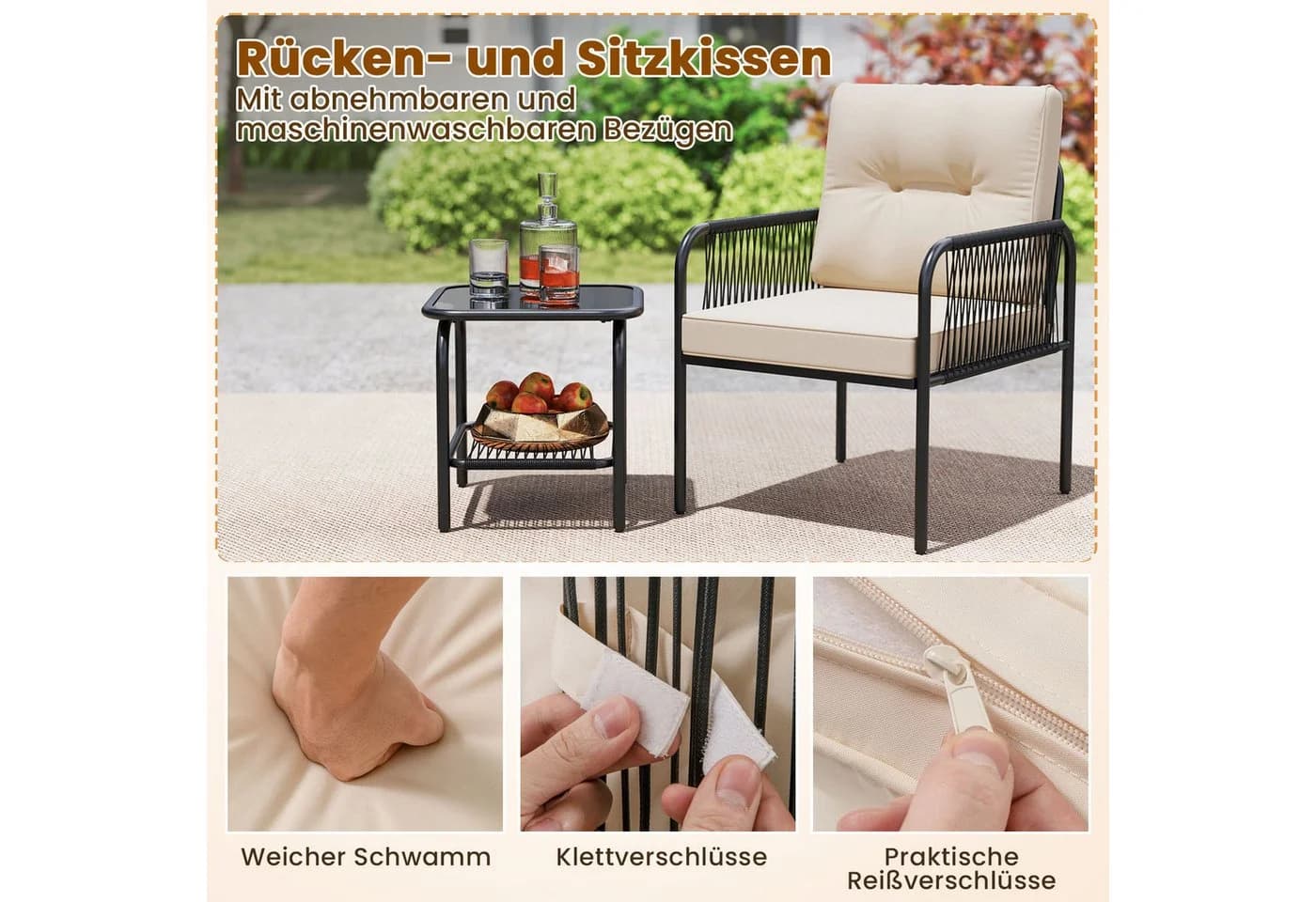 COSTWAY Balkonset 3-tlg. 1 Tisch, 2 Stühle Beige PE-Rattan - Bild 5