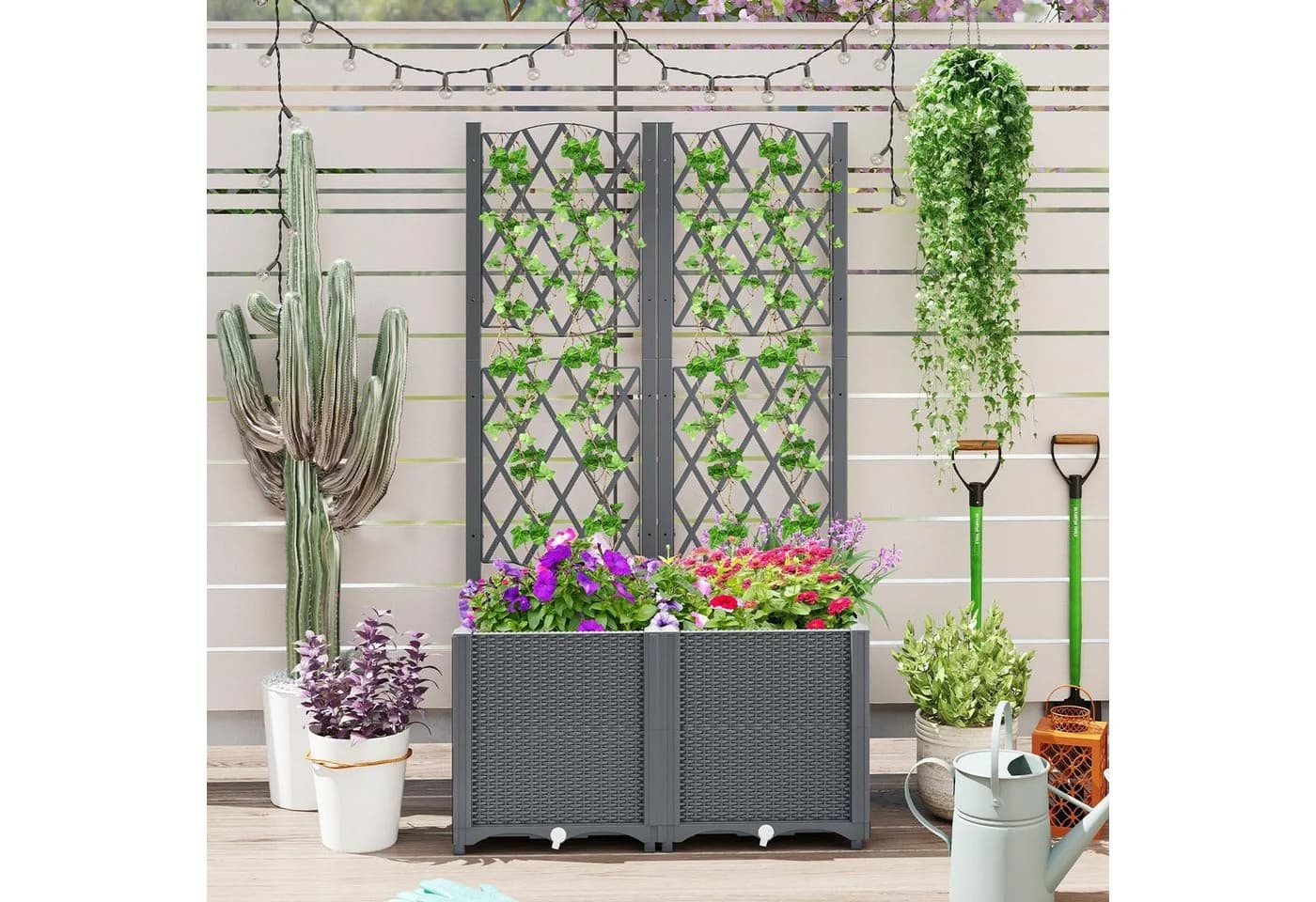 COSTWAY Blumenkasten 2-tlg. Grau mit Rankgitter