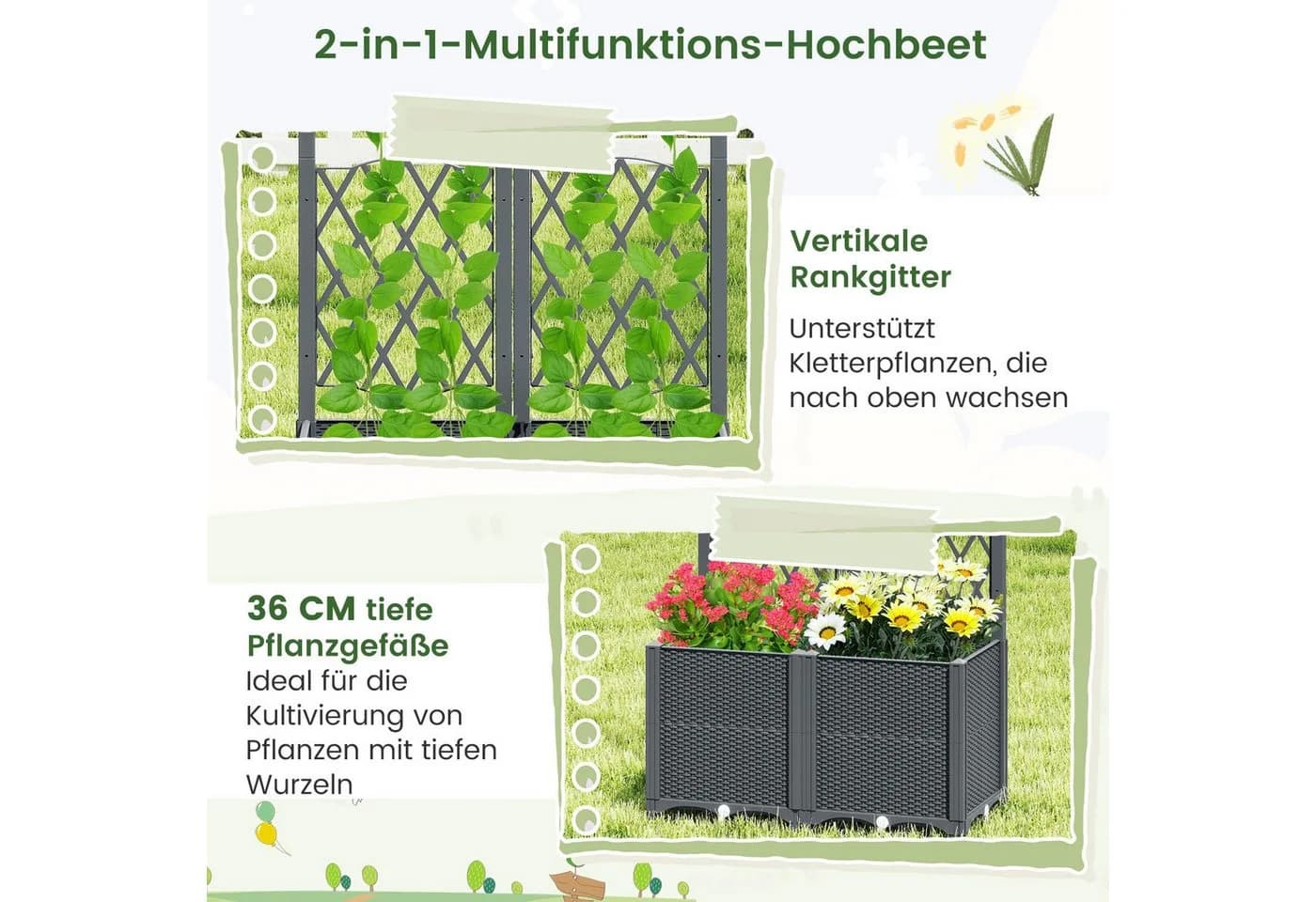 COSTWAY Blumenkasten 2-tlg. Grau mit Rankgitter - Bild 4
