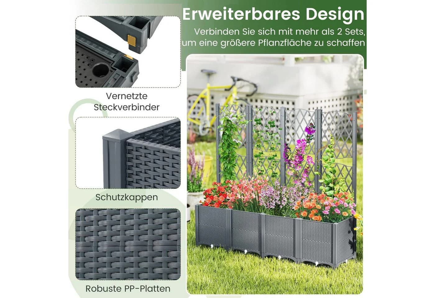 COSTWAY Blumenkasten 2-tlg. Grau mit Rankgitter - Bild 5