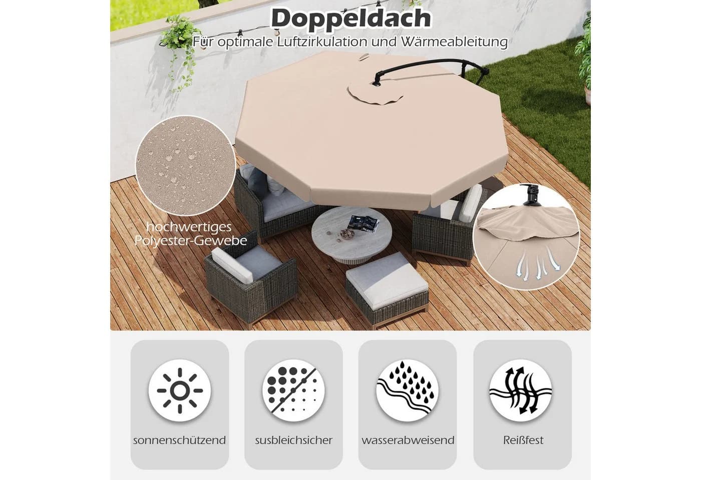 COSTWAY Sonnenschirm Ampelschirm Beige mit Volant & Schutzhülle - Bild 3
