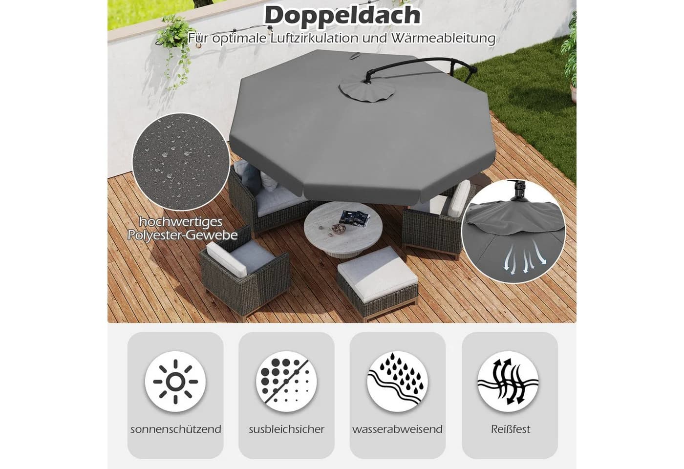 COSTWAY Sonnenschirm Ampelschirm Grau mit Volant und Schutzhülle - Bild 3