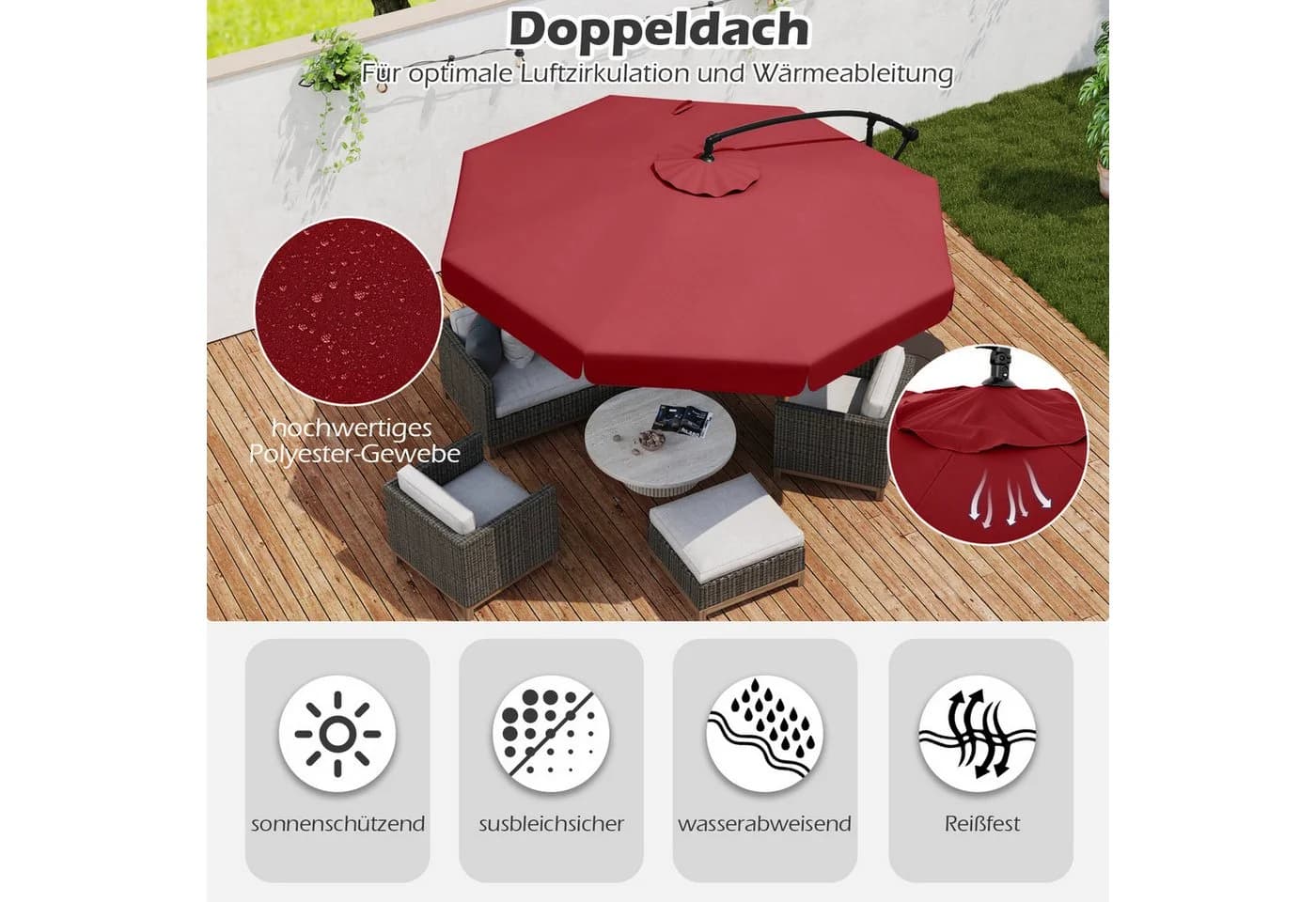 COSTWAY Sonnenschirm Ampelschirm Rot mit Volant und Schutzhülle - Bild 3