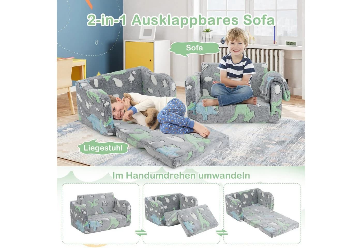 KOMFOTTEU Kindersofa ausklappbar mit Flanellbezug & Leuchtmotiven - Bild 3