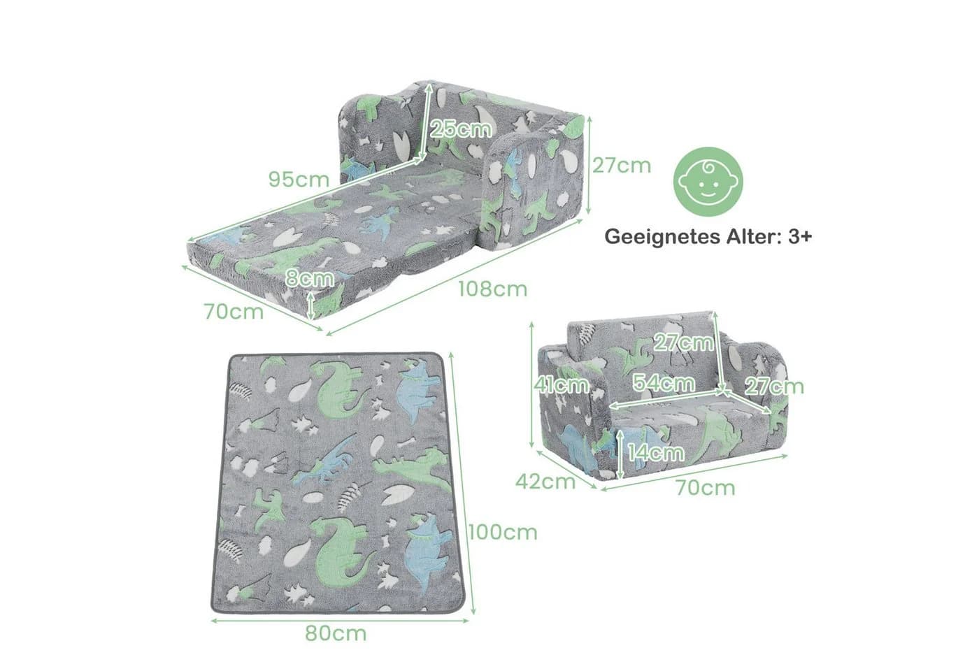 KOMFOTTEU Kindersofa ausklappbar mit Flanellbezug & Leuchtmotiven - Bild 5