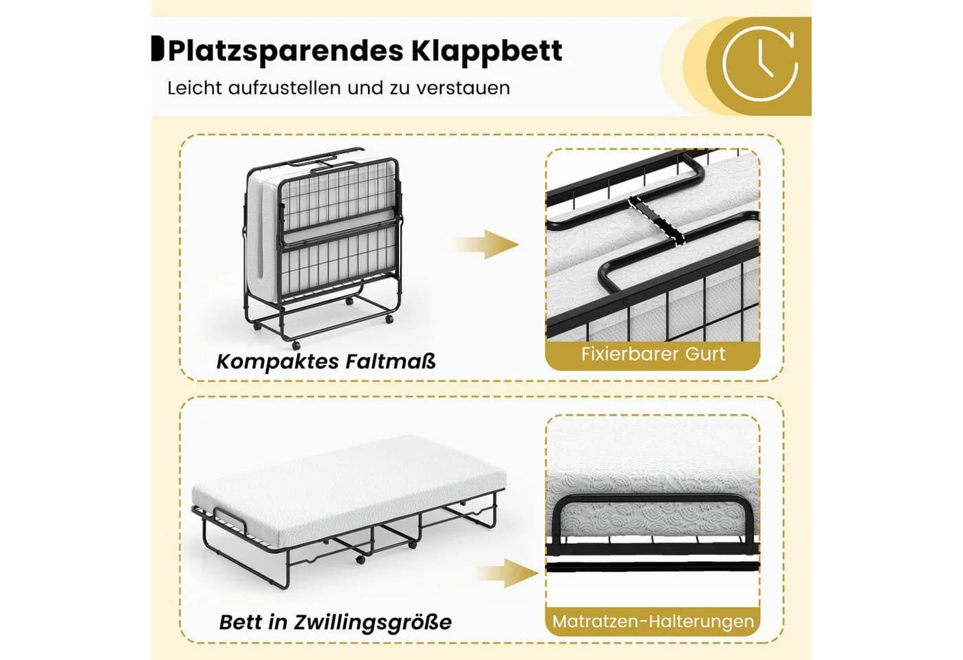 KOMFOTTEU Gästebett Klappbett mit Schaumstoffmatratze Schwarz/Weiß - Bild 3