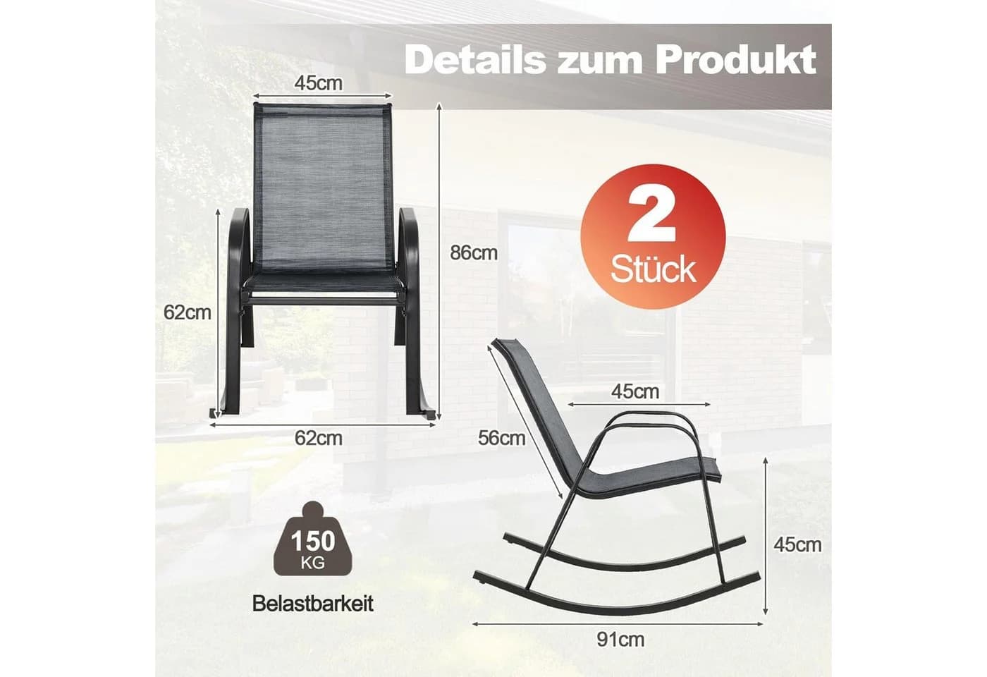 KOMFOTTEU Schaukelstuhl 2er Set mit Rückenlehne & Armlehne - Bild 3