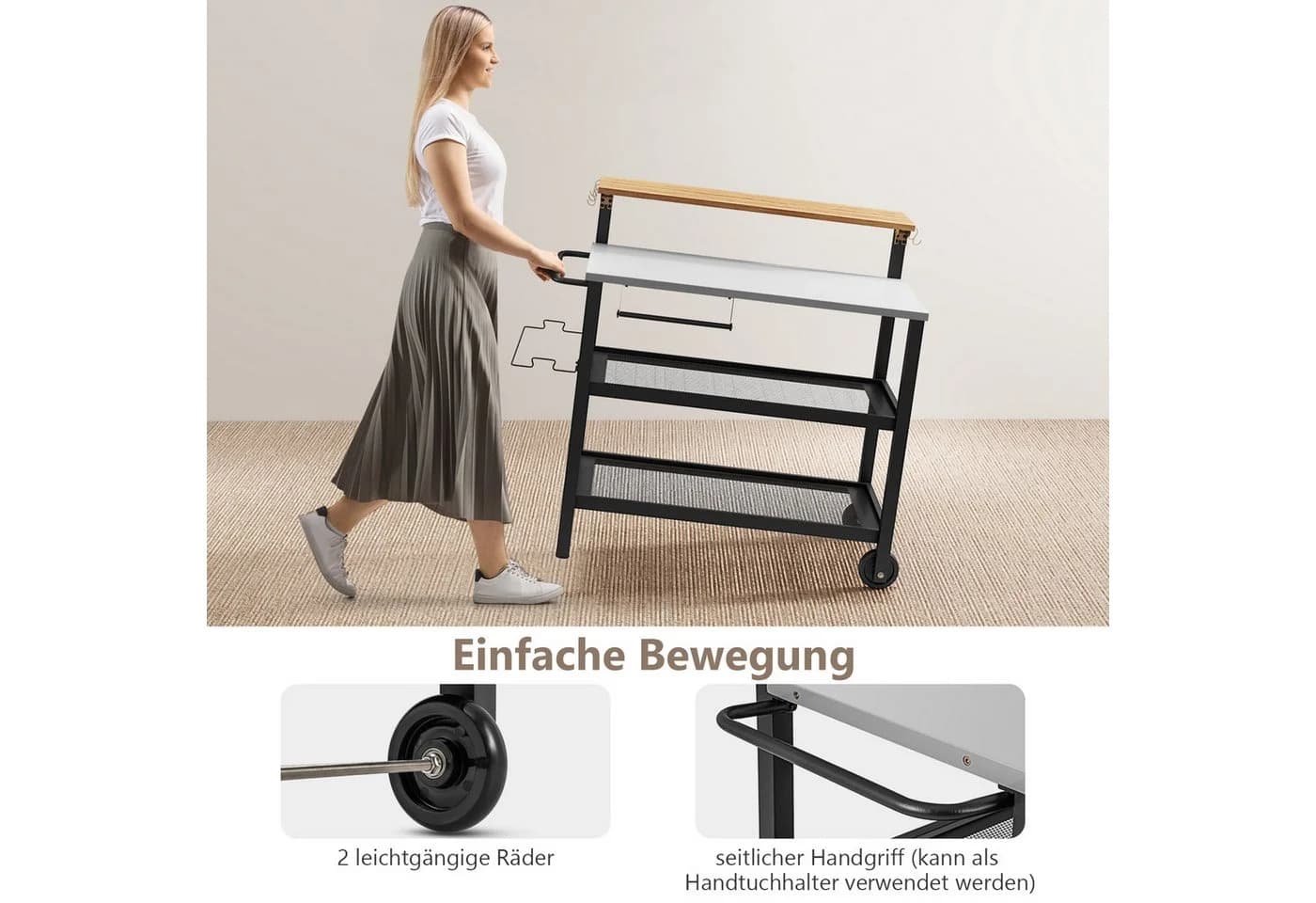 KOMFOTTEU Rollwagen Schwarz 3-stufig mit klappbarer Tischplatte
