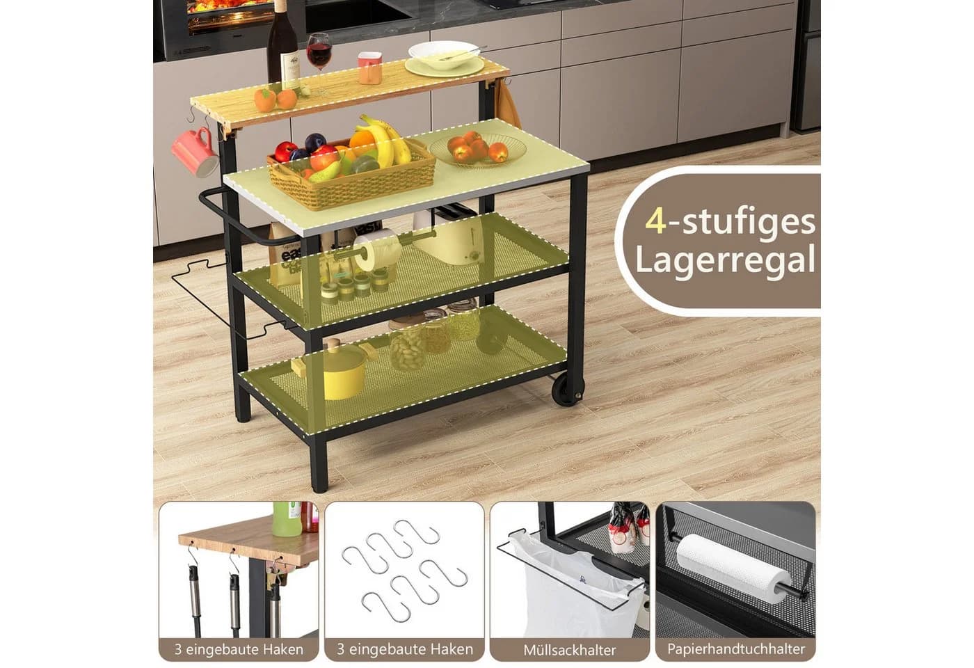 KOMFOTTEU Rollwagen Schwarz 3-stufig mit klappbarer Tischplatte - Bild 4