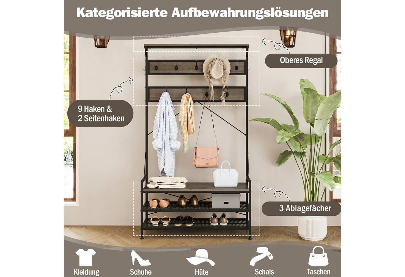 KOMFOTTEU Kleiderständer mit Sitzbank, 9 Haken & Schuhregal - Bild 4