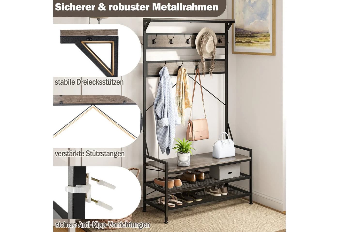KOMFOTTEU Kleiderständer mit Sitzbank, 9 Haken & Schuhregal - Bild 5