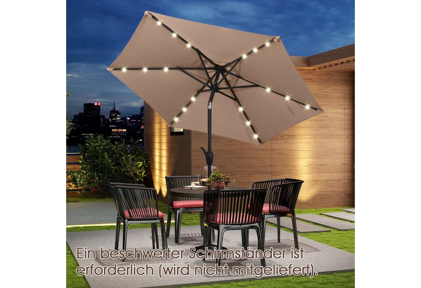 KOMFOTTEU Sonnenschirm mit LED-Beleuchtung & Handkurbel Braun