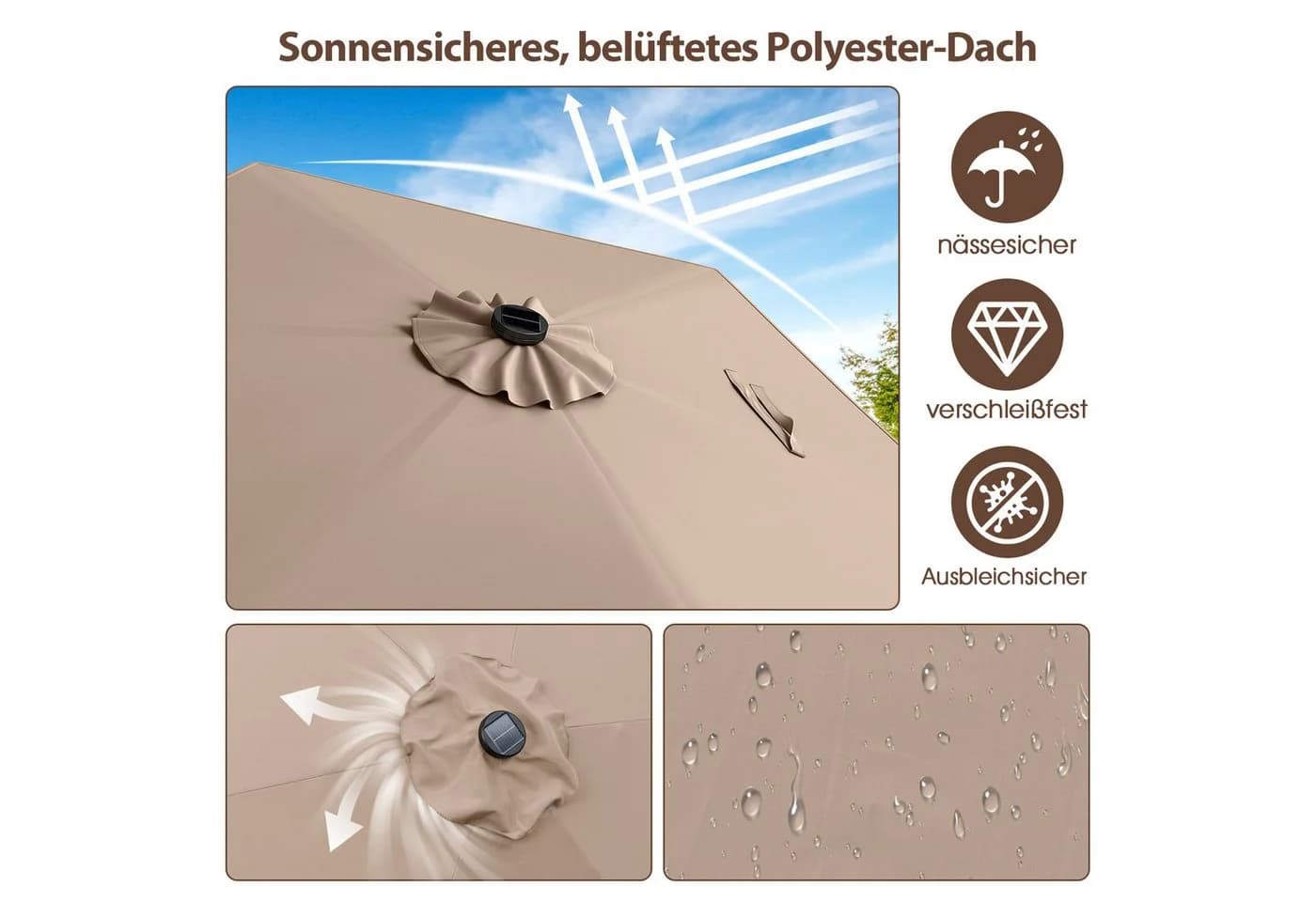 KOMFOTTEU Sonnenschirm mit LED-Beleuchtung & Handkurbel Braun - Bild 4