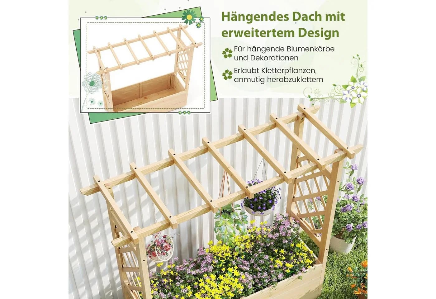 KOMFOTTEU Blumenkasten mit Rankgitter & Dach aus Tannenholz - Bild 4