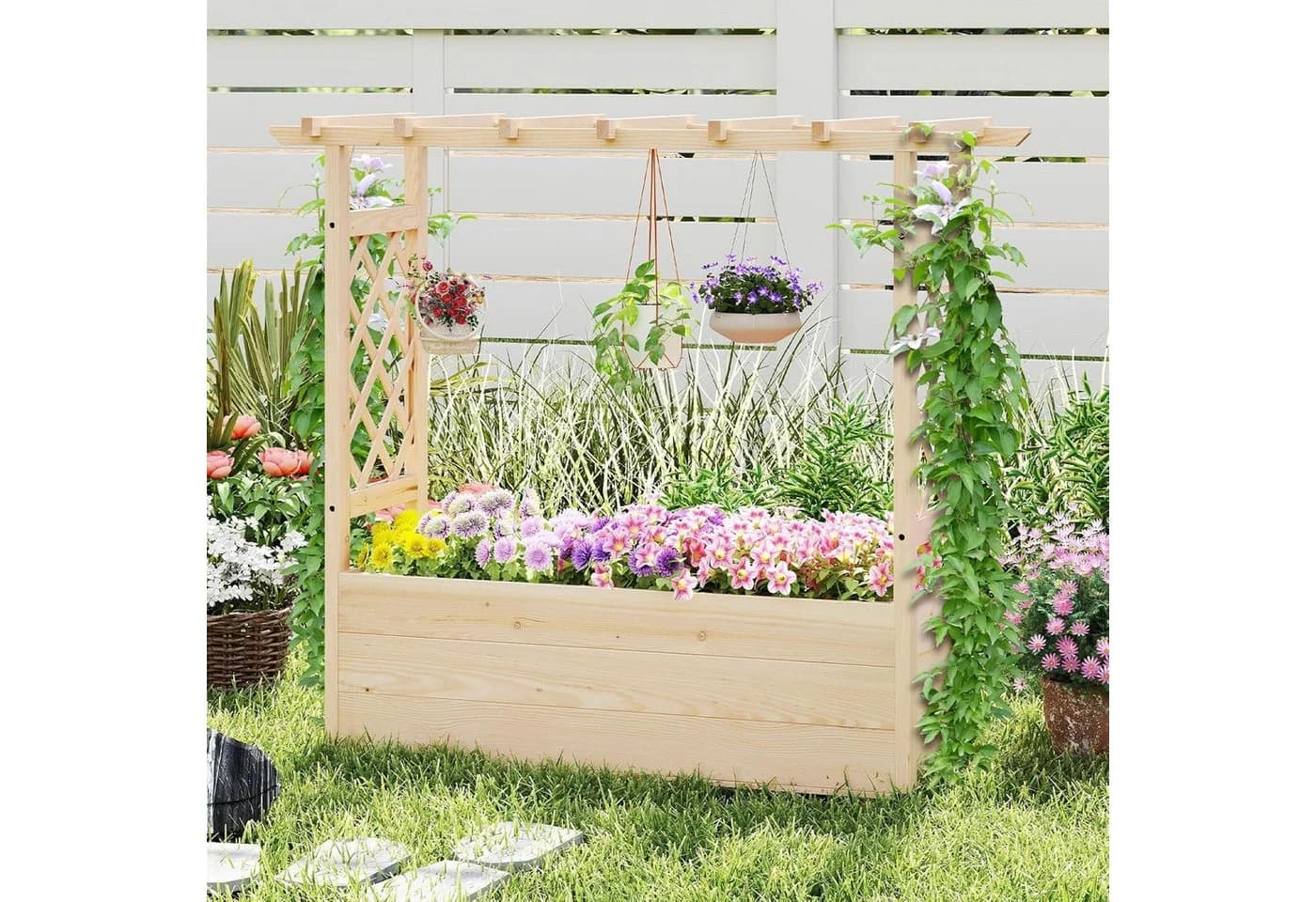 KOMFOTTEU Blumenkasten mit Rankgitter & Dach aus Tannenholz - Bild 5