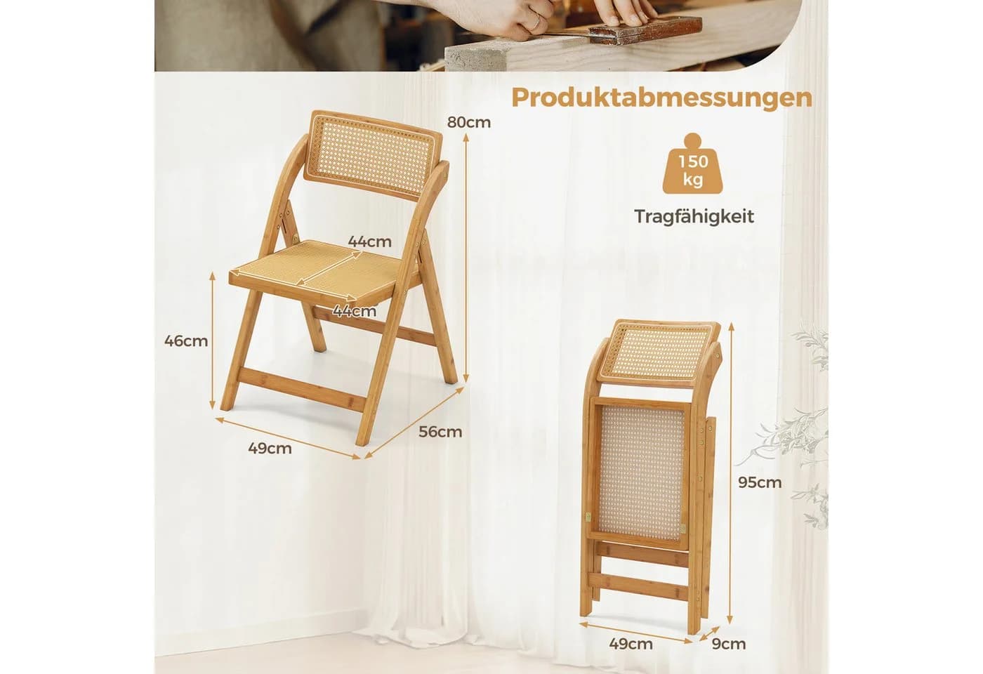 COSTWAY Klappstuhl 2er Set Esszimmerstühle Bambus Natur - Bild 5