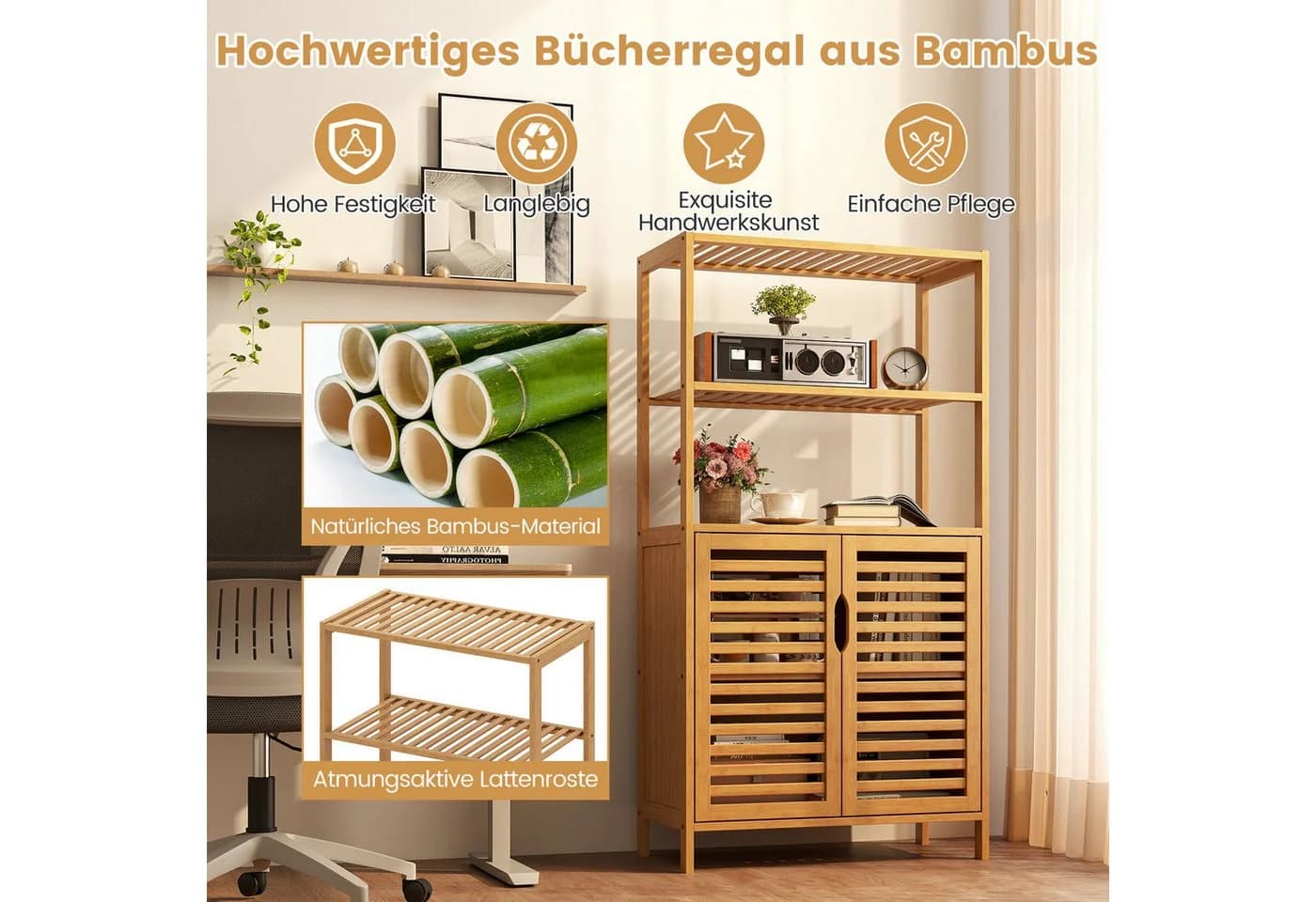 COSTWAY Bücherregal Bambus mit Lamellentüren - Bild 3