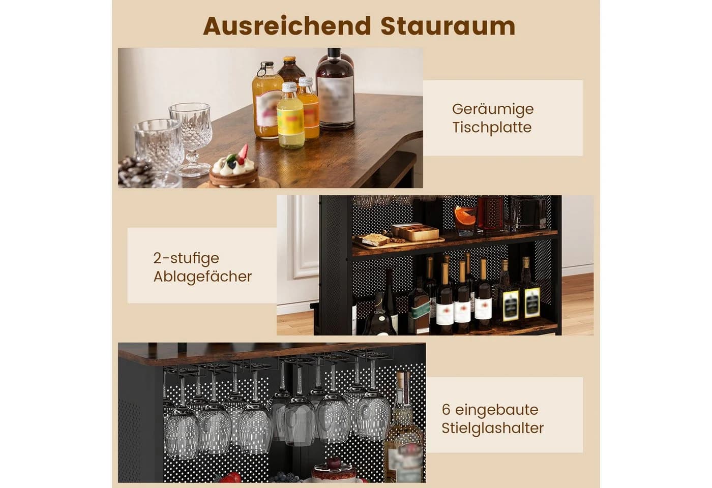 COSTWAY Bartisch mit Stauraum & Fußstütze, braun - Bild 3