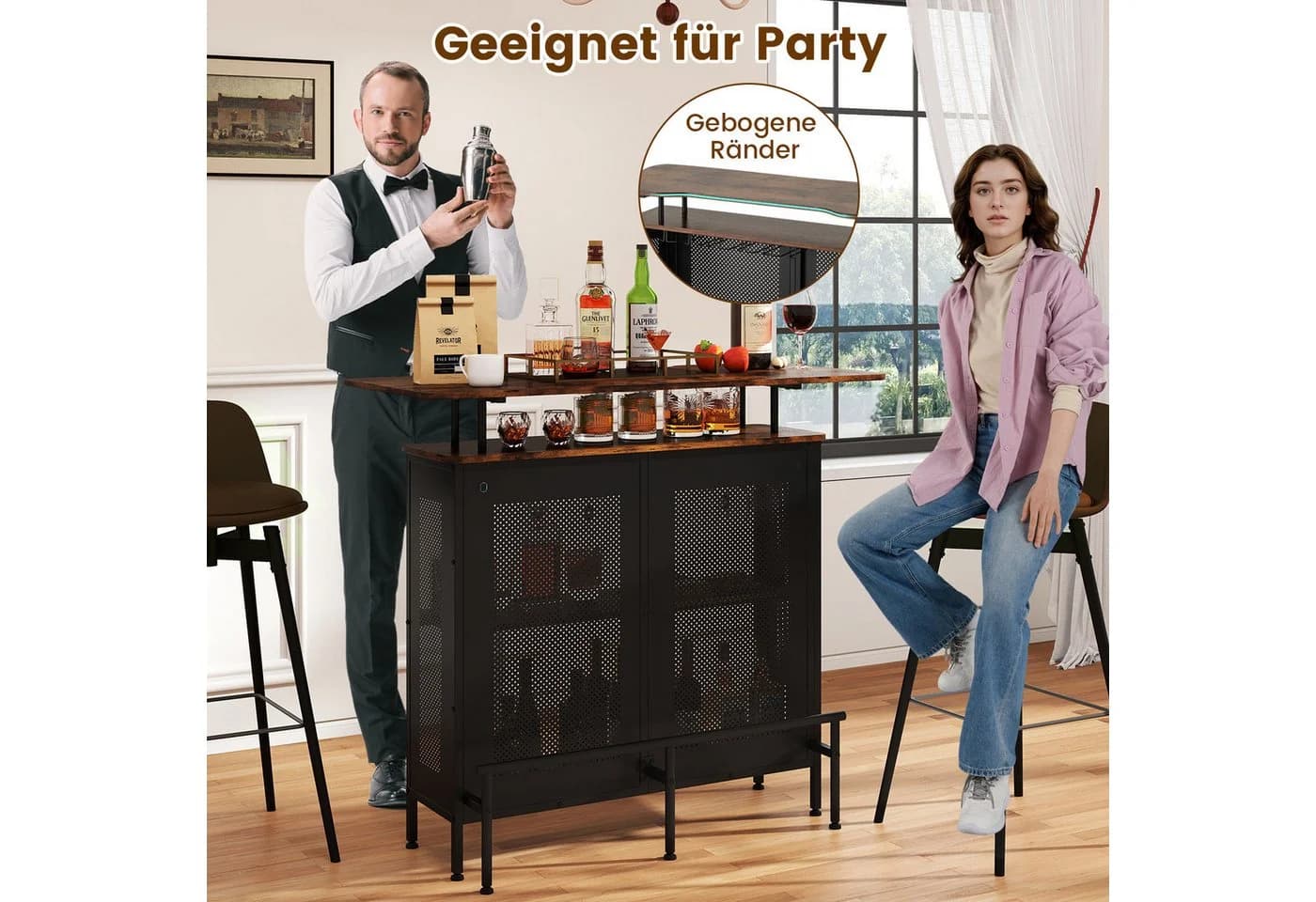 COSTWAY Bartisch mit Stauraum & Fußstütze, braun - Bild 4