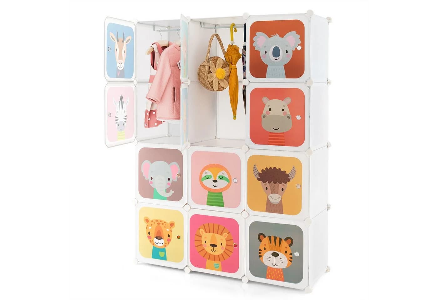 COSTWAY Kinderkleiderschrank mit 2 Kleiderstangen und 12 Würfeln, erweiterbar - Bild 2