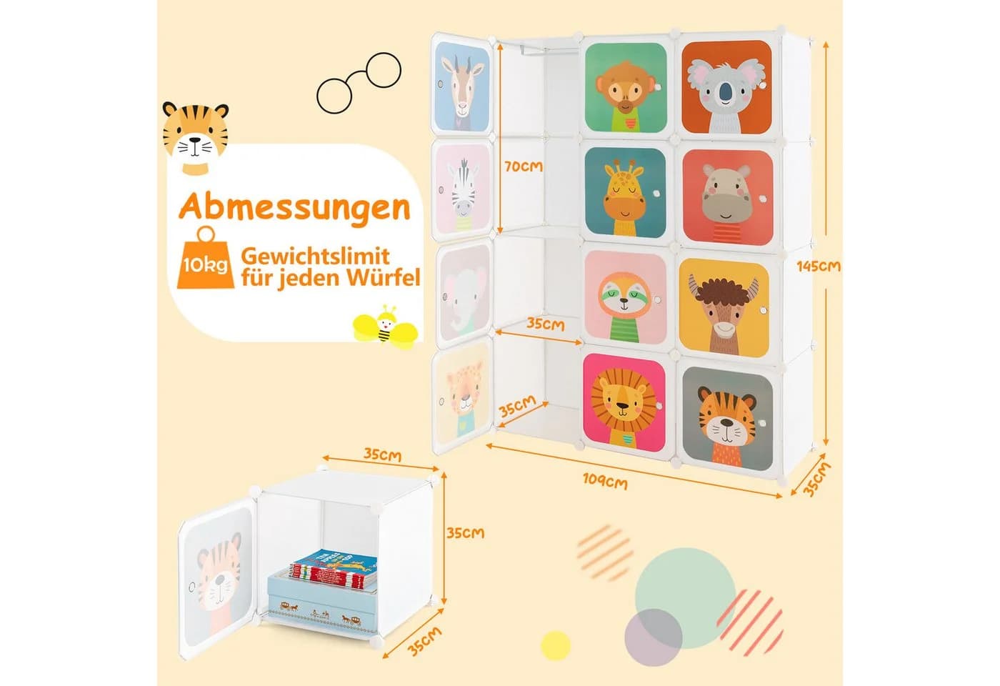 COSTWAY Kinderkleiderschrank mit 2 Kleiderstangen und 12 Würfeln, erweiterbar - Bild 5