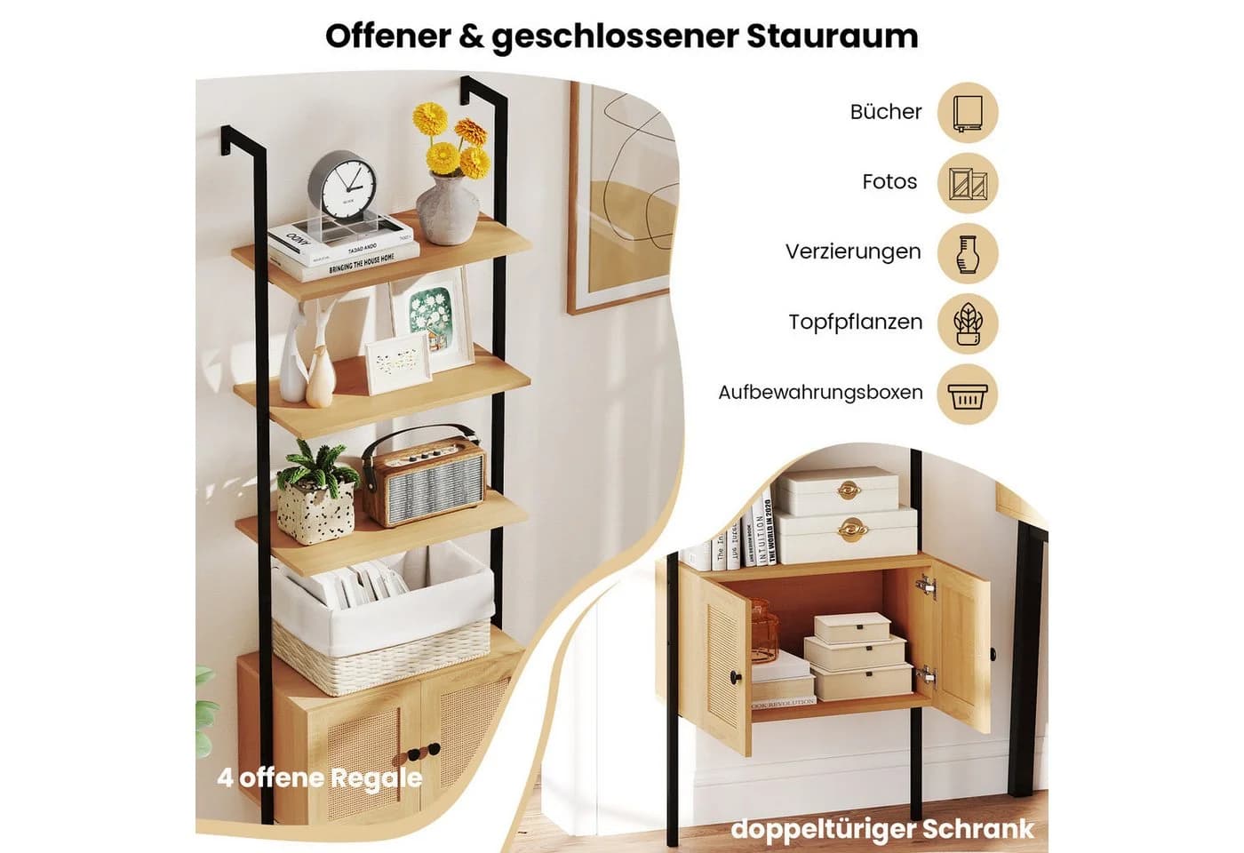 COSTWAY 5-stöckiges Leiterregal mit Schrank Natur Metall - Bild 3