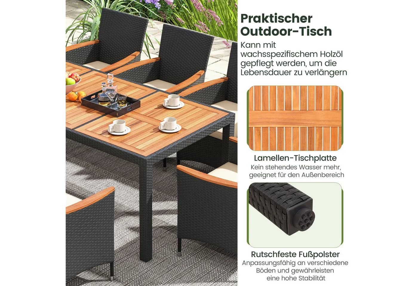 COSTWAY Garten-Essgruppe 9-tlg. Braun Rattan Akazienholz mit Kissen - Bild 5