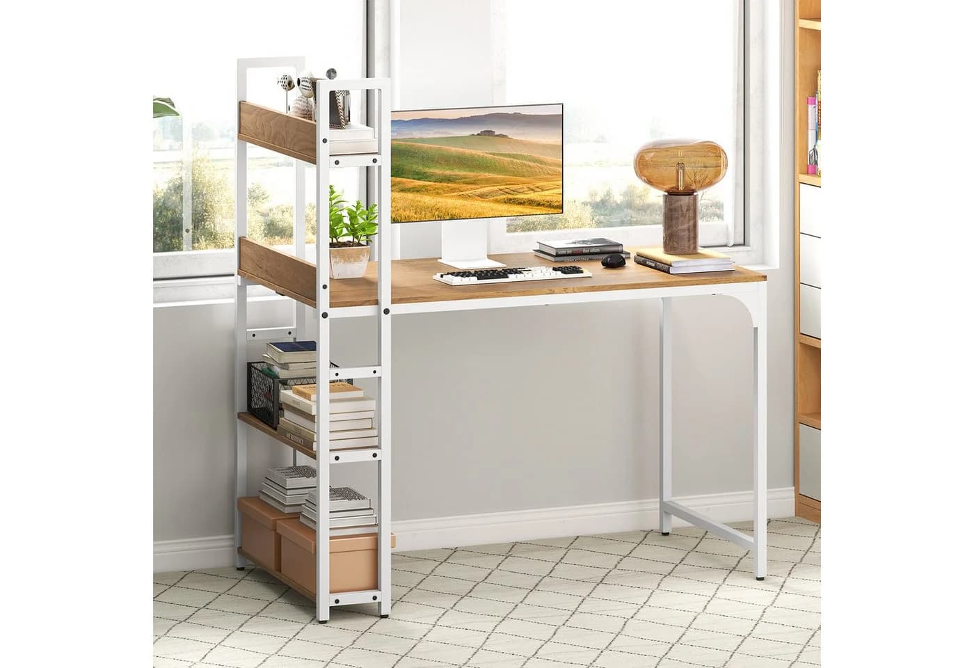 COSTWAY Schreibtisch mit Ladestation, Metall, 120x65cm