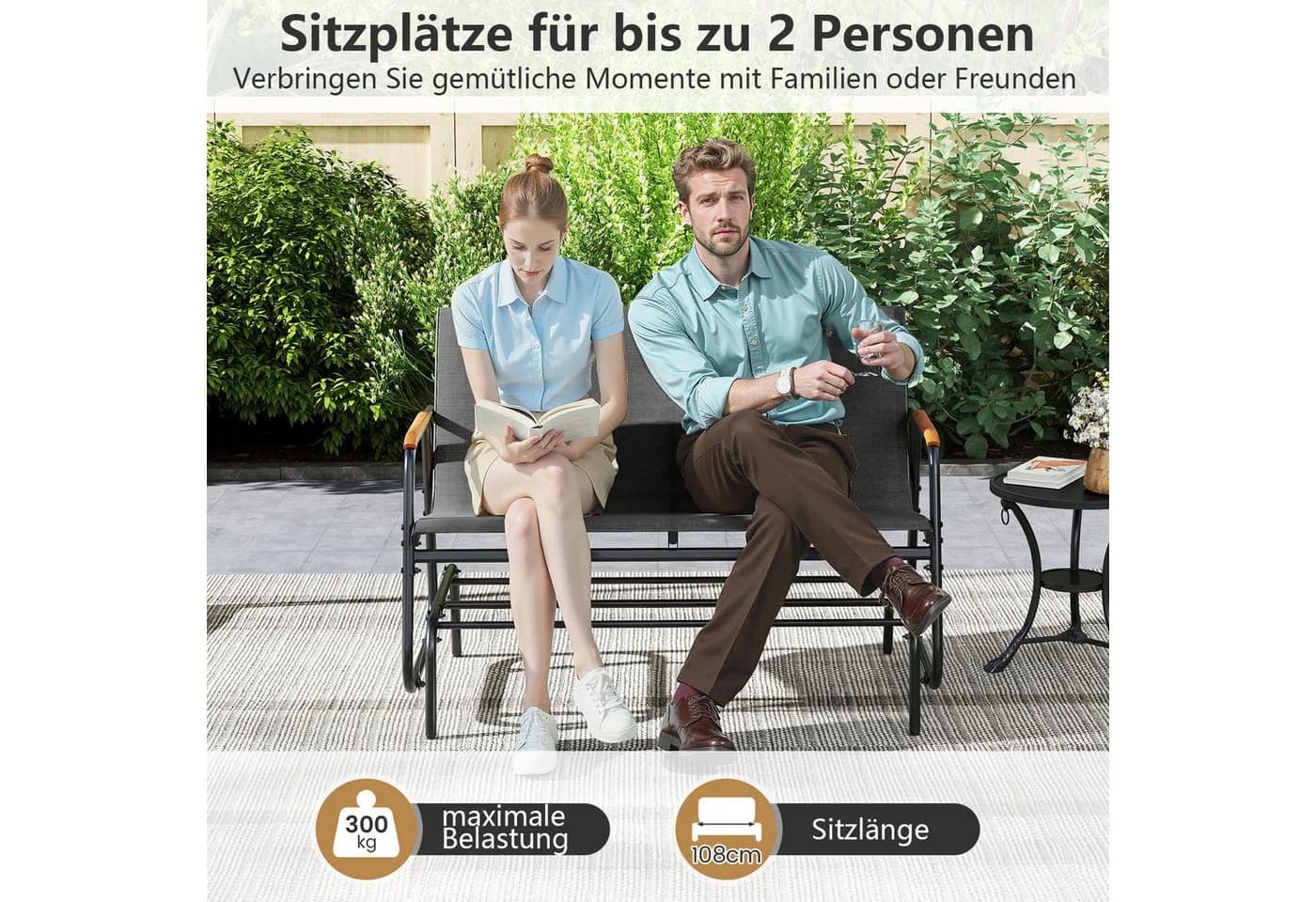 COSTWAY Schaukelbank für 2 Personen Grau Metall & Teakholz - Bild 3