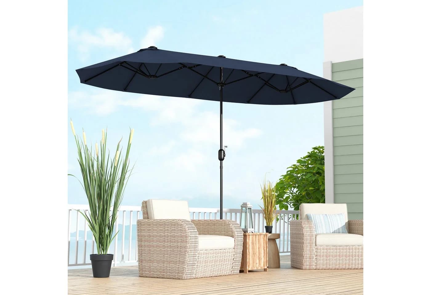 COSTWAY Terrassenschirm 396x201 cm Beige mit Kurbel & Ständer