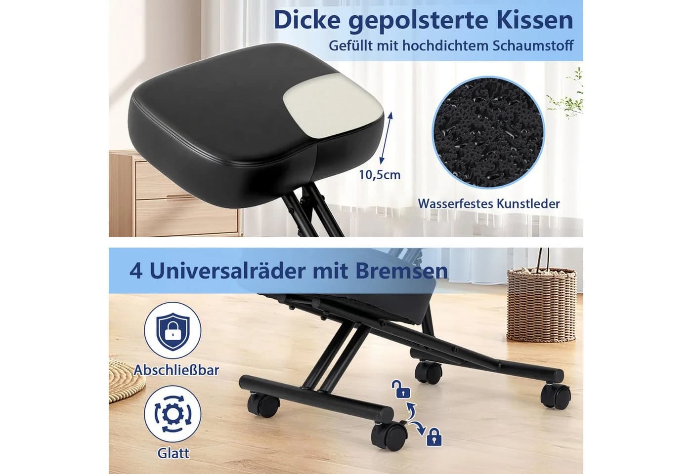 COSTWAY Kniestuhl höhenverstellbar Schwarz mit Universalrollen - Bild 3