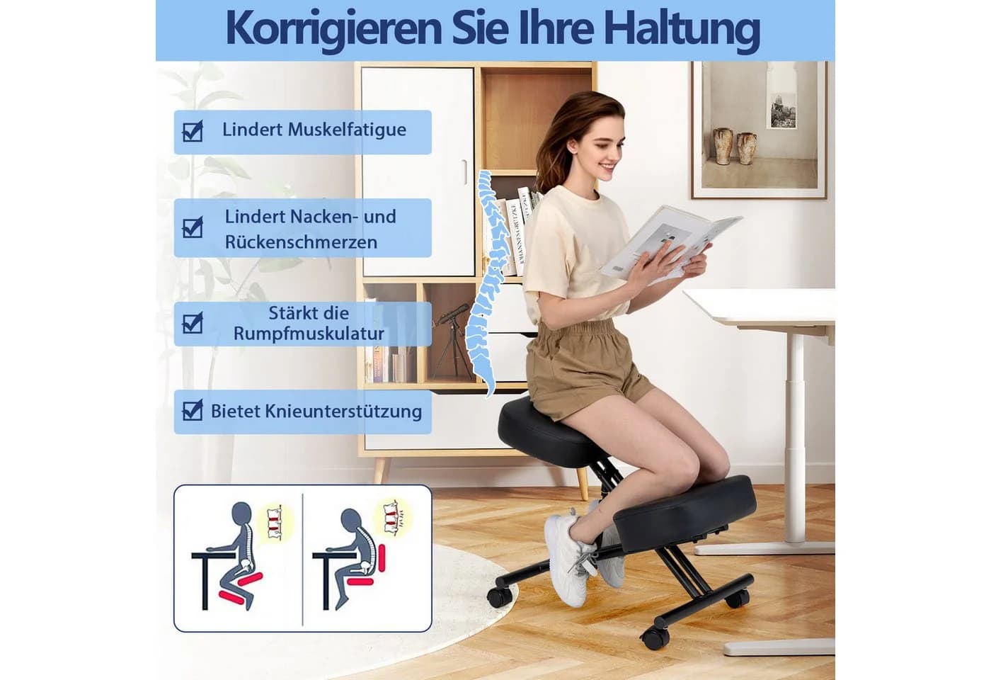 COSTWAY Kniestuhl höhenverstellbar Schwarz mit Universalrollen - Bild 4