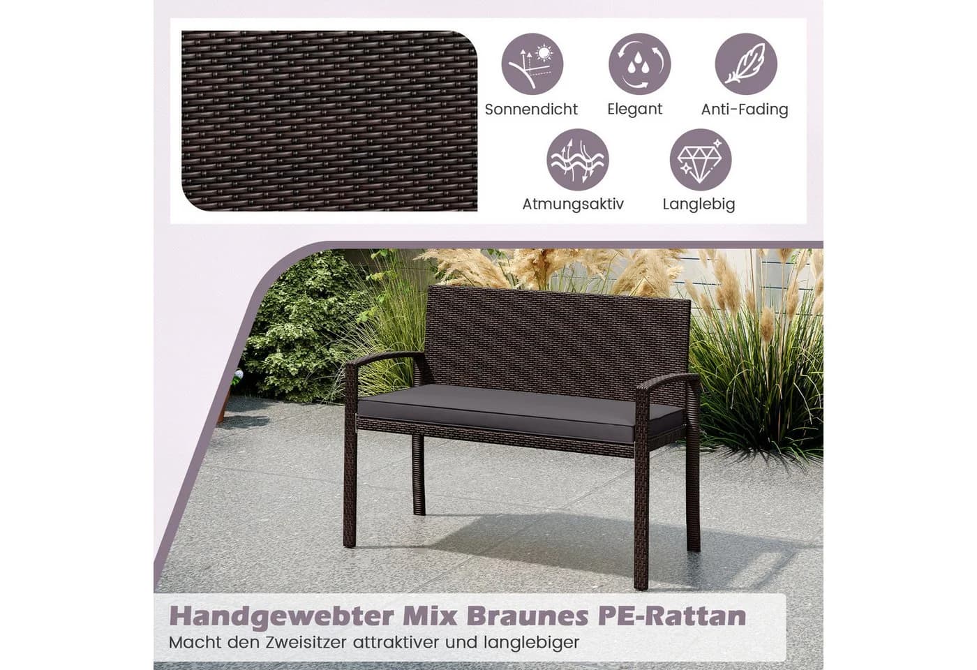 COSTWAY Gartenbank 2-Sitzer PE-Rattan mit Kissen grau/braun - Bild 3