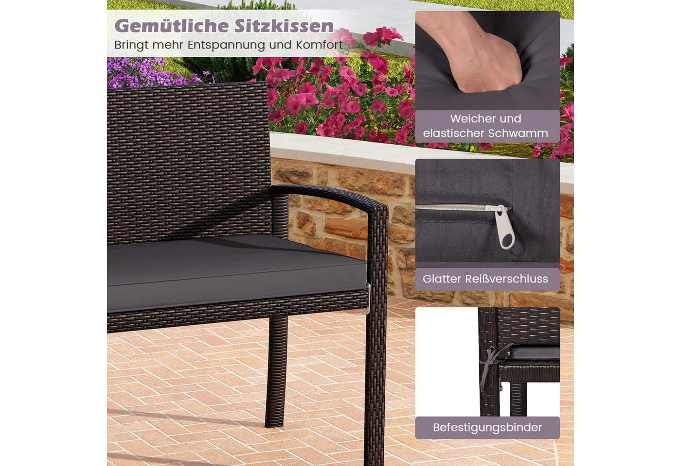 COSTWAY Gartenbank 2-Sitzer PE-Rattan mit Kissen grau/braun - Bild 4