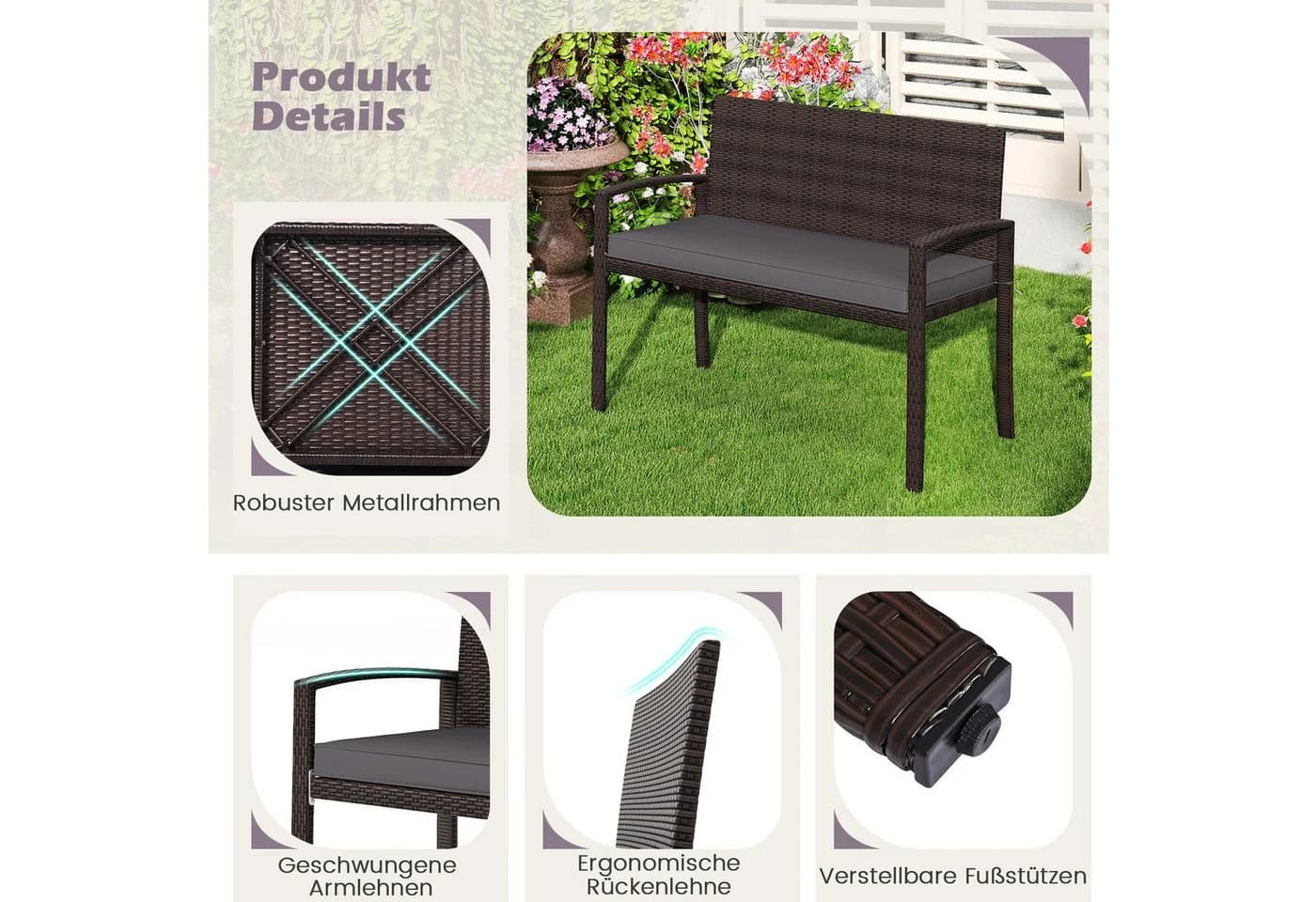 COSTWAY Gartenbank 2-Sitzer PE-Rattan mit Kissen grau/braun - Bild 5