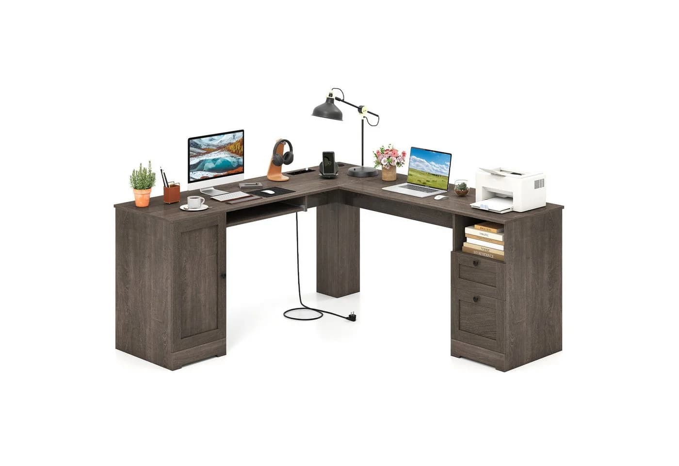 COSTWAY Eckschreibtisch L-Form mit Ladestation, Schrank, 2 Schubladen Grau - Bild 2