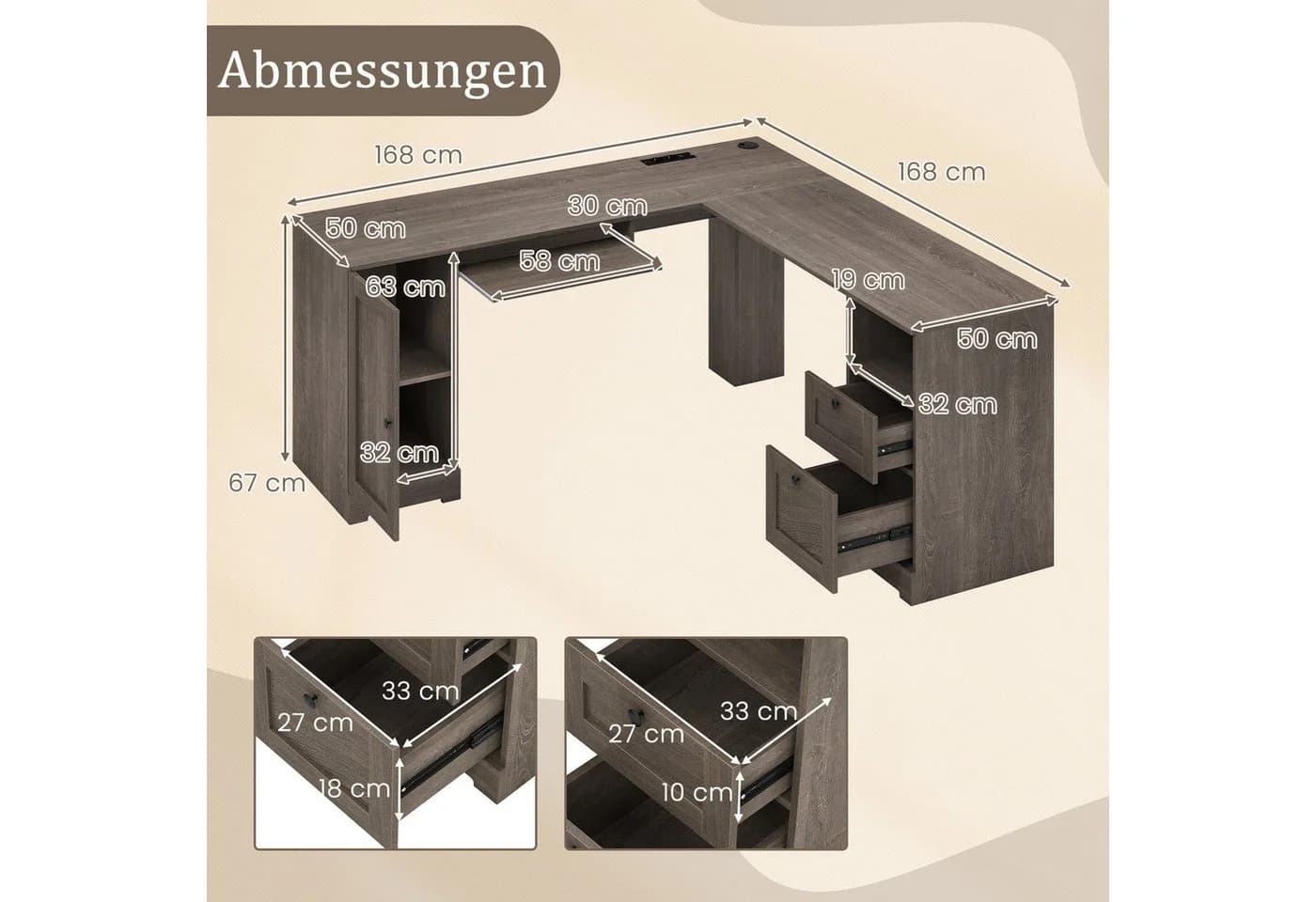 COSTWAY Eckschreibtisch L-Form mit Ladestation, Schrank, 2 Schubladen Grau - Bild 3