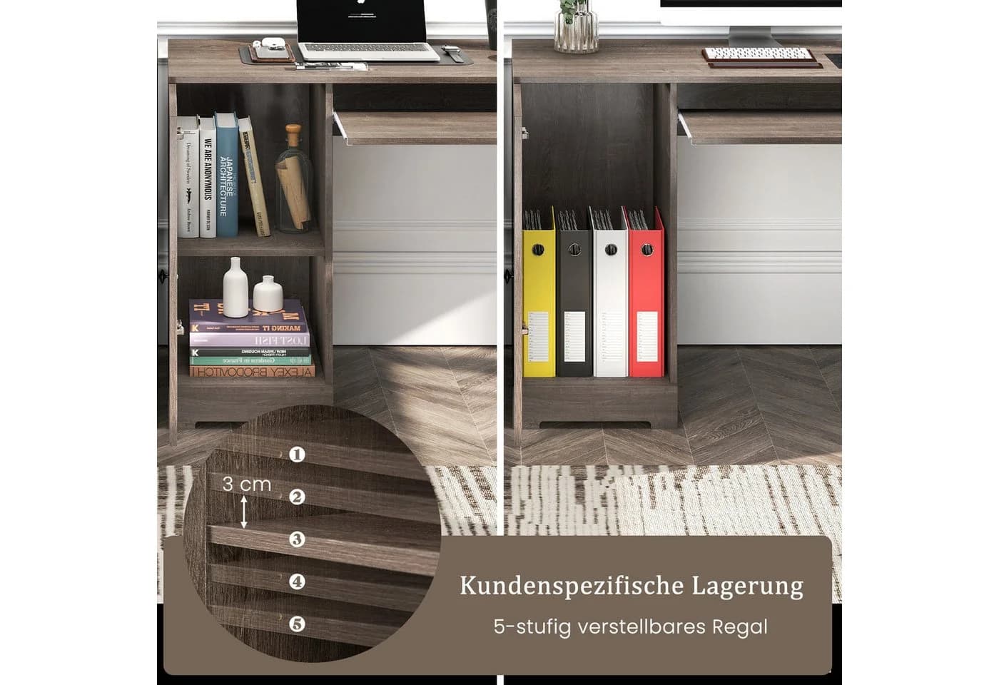 COSTWAY Eckschreibtisch L-Form mit Ladestation, Schrank, 2 Schubladen Grau - Bild 4