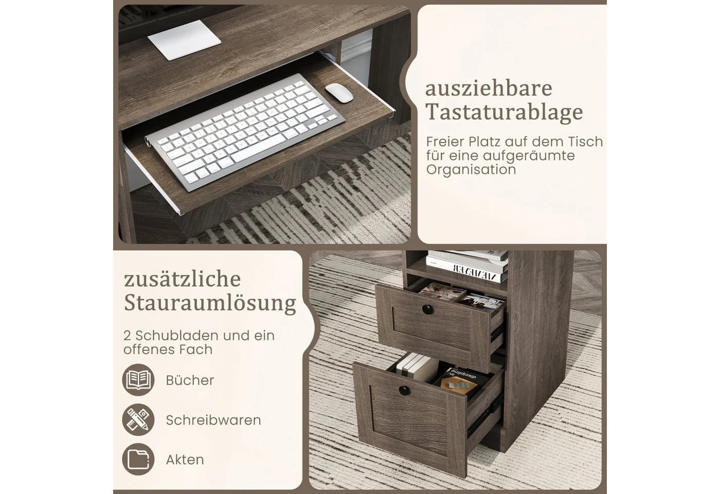 COSTWAY Eckschreibtisch L-Form mit Ladestation, Schrank, 2 Schubladen Grau - Bild 5