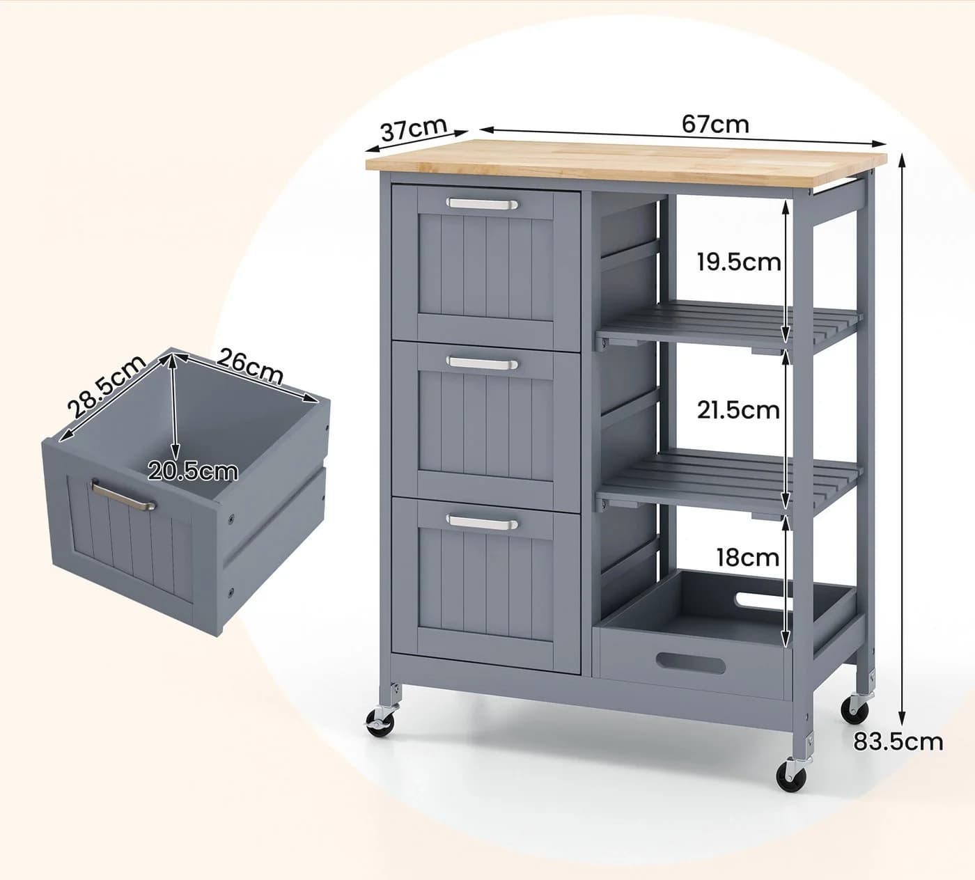 COSTWAY Küchenwagen Grau/Natur mit 3 Schubladen & Tablett - Bild 3