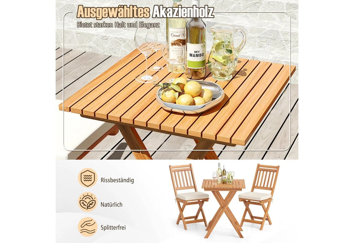 COSTWAY Bistro-Set 3-tlg. Klappbar Akazienholz mit Kissen - Bild 4