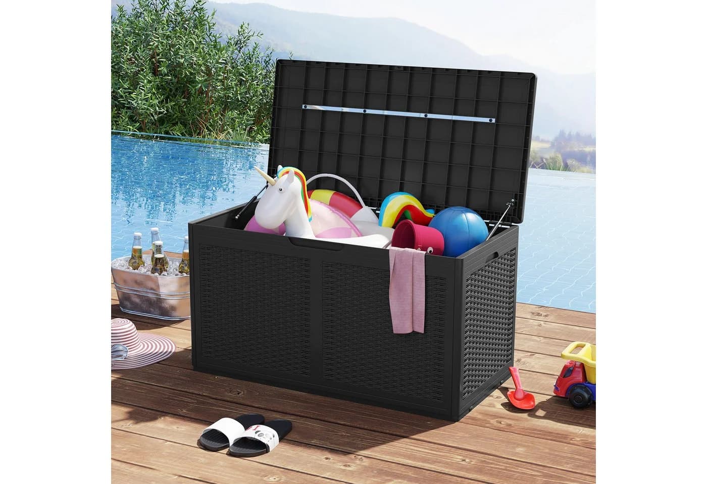 COSTWAY Gartenbox 380L Sitzbank Schwarz