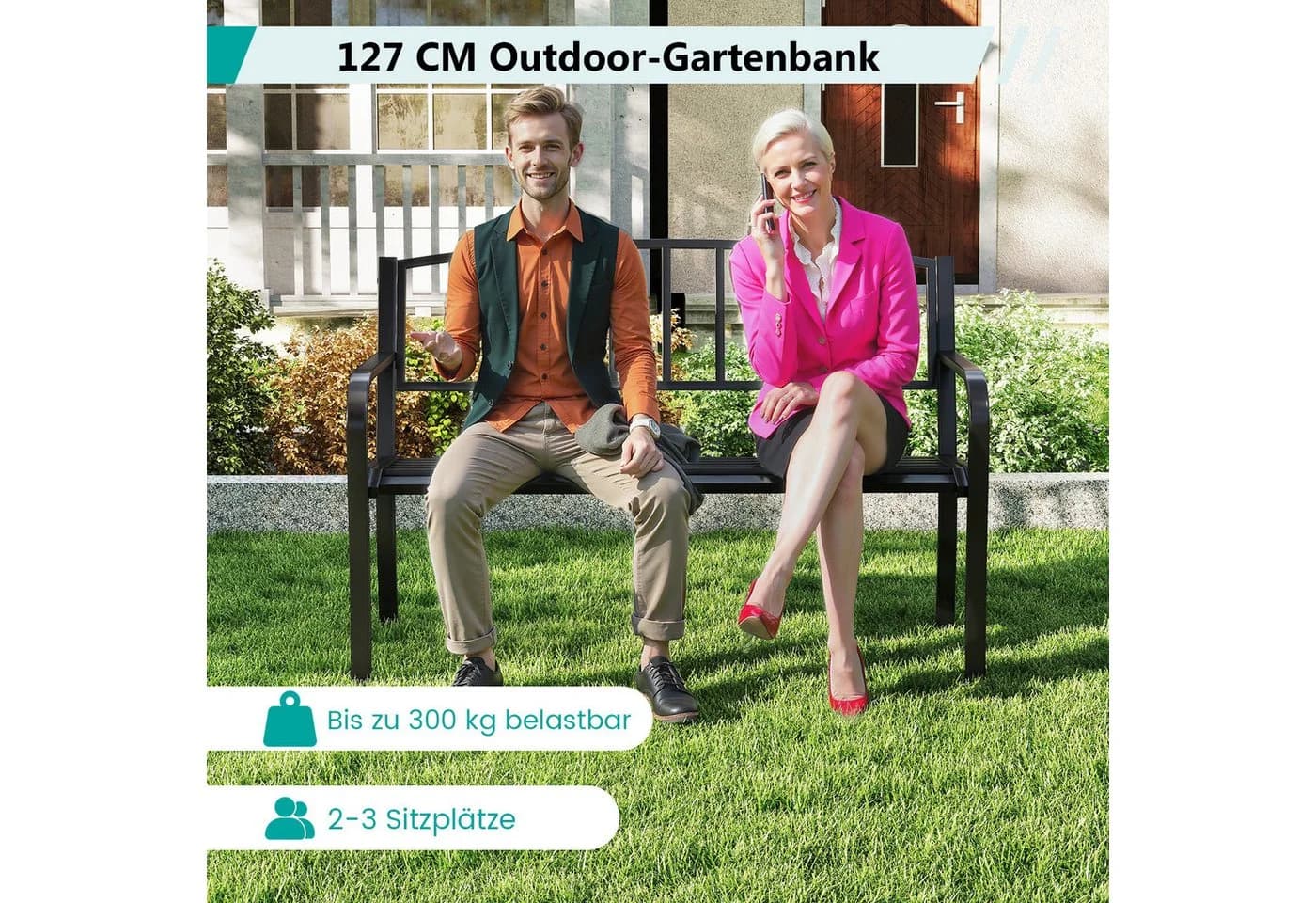 COSTWAY Gartenbank 3-Sitzer Metall Schwarz 127cm